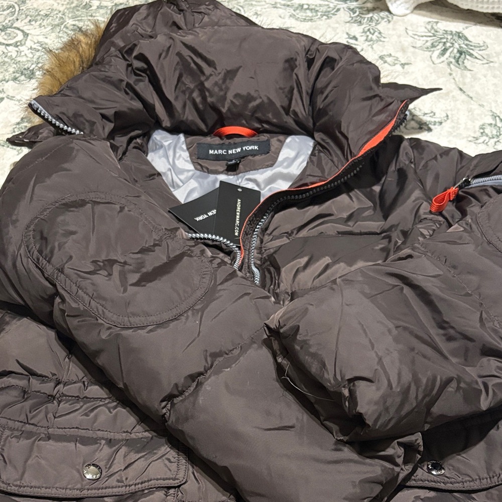 BNWT Marc New York Dark Brown Puffer Jacket with Fur-Trimmed Hood - Picture 2 of 3